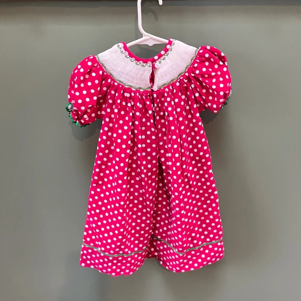 Smocked or Not Kids Dress Size 2 Pink White Polka Dot Smock Christmas‎ Ornaments